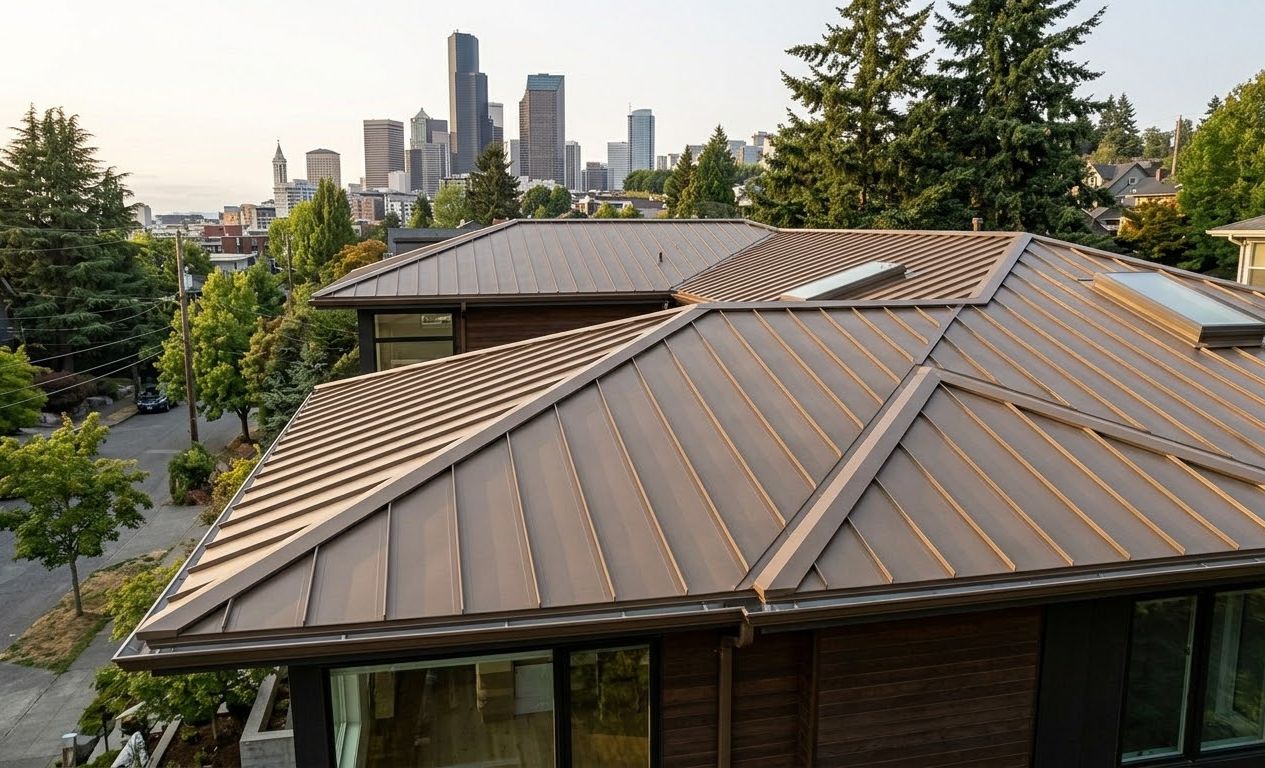 Elevated shot of a contemporary home with a durable, bronze-colored standing-seam metal roof, featuring integrated skylights and gutters.